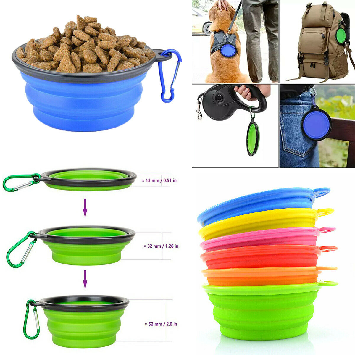 2 Pack Set Dog Portable Pet Bowl Food & Water Collapsible Dish Travel Fold-able